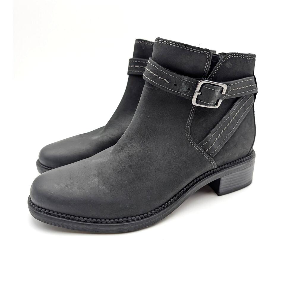 Clarks Maye Block Heel Ankle Boots Buckle Strap Women's Black Size US8.5 EU39.5